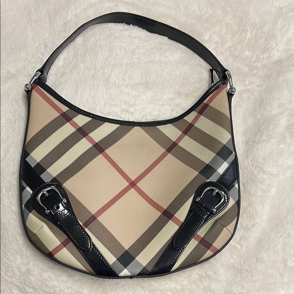 Burberry Black and Tan Shoulder Bag with Plaid Pattern and Leather Trim
